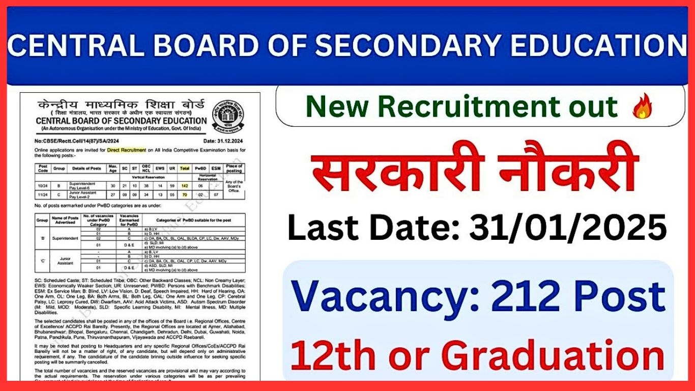 CBSE Board Superintendent and Junior Assistant Apply Online for 212 Post